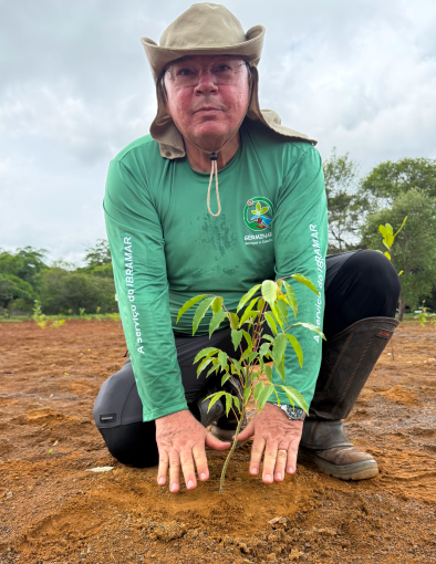 Técnico especialista executando plantio manual de mudas para o desenvolvimento sustentável e restauração ecológica de territórios brasileiros.